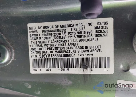 2005 Honda Element Ex from USA, damaged, VIN 5J6YH18655L006001
